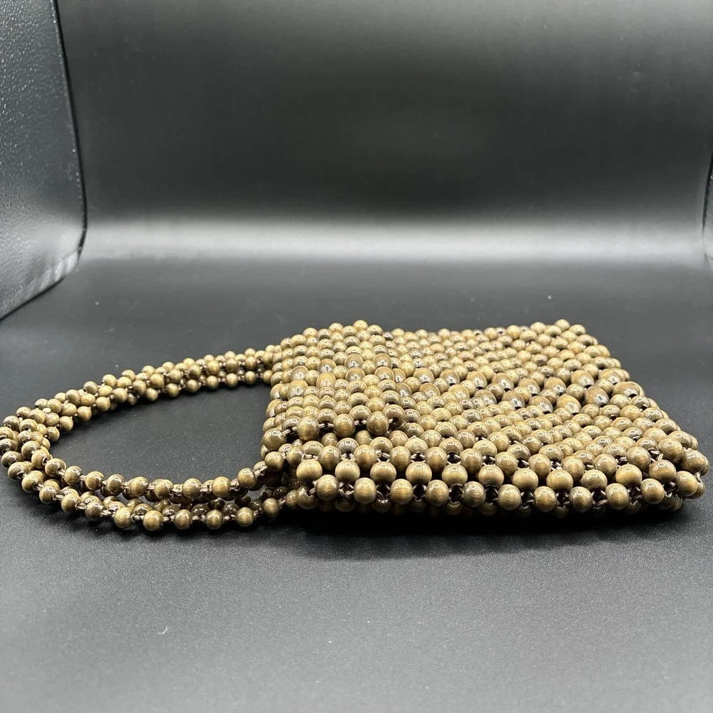 1950s Wood Bead Purse Dayne Taylor Boho Double Handle Handbag Lined MCM Japan